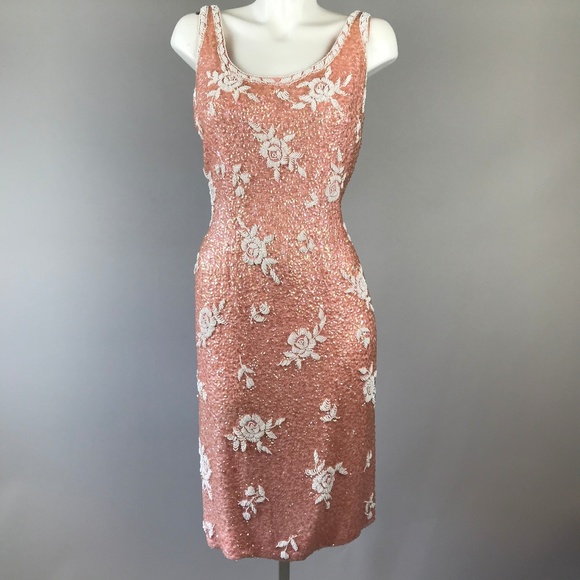Vintage Dresses & Skirts - Vtg 50s Pink Sequin Beaded Wiggle Dress Rose L